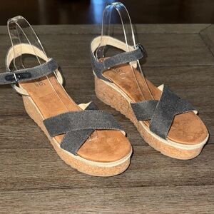 Toms Candice Espadrille Wedge Black Chambray Canvas